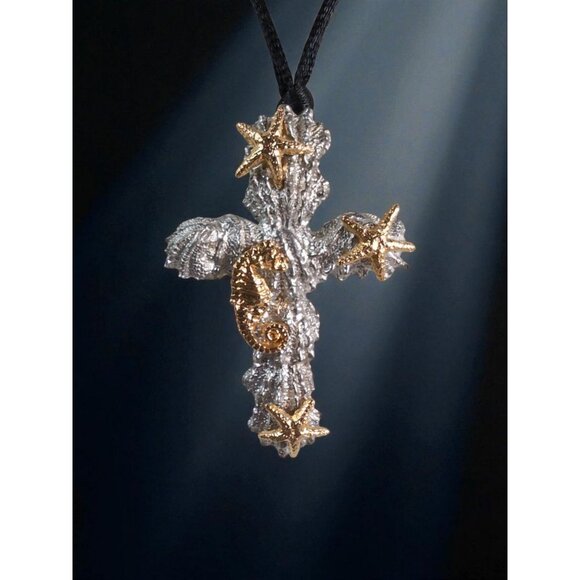 Maurice Milleur Starfish & Seahorse Cross Pendant Pewter Gold-Plated 1993 - Picture 2 of 4